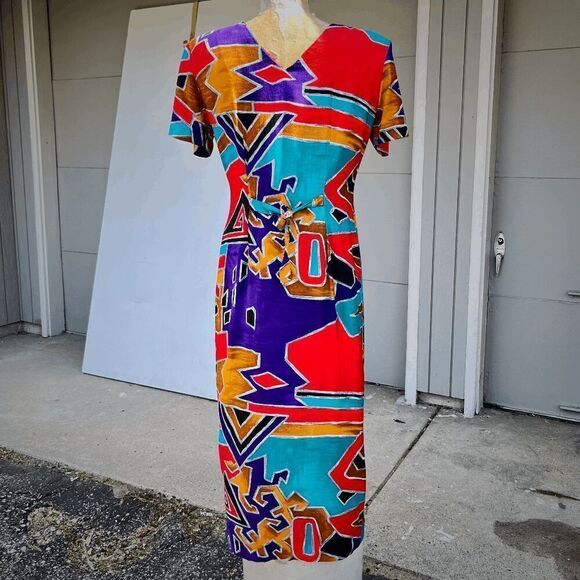 Vintage 80s Dawn Joy Abstract Print Midi Dress - Vibrant Rayon Statement Piece - Picture 3 of 8